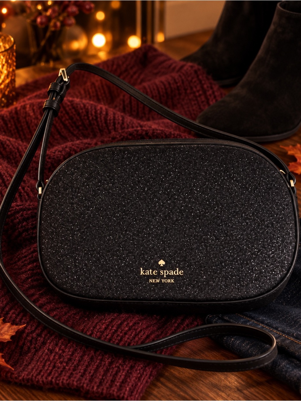 Kate Spade Glimmer Black Glitter Oval Camera Crossbody Bag
